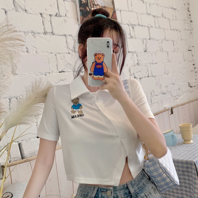 Áo crop top tay ngắn họa tiết thêu xinh xắn dễ thương