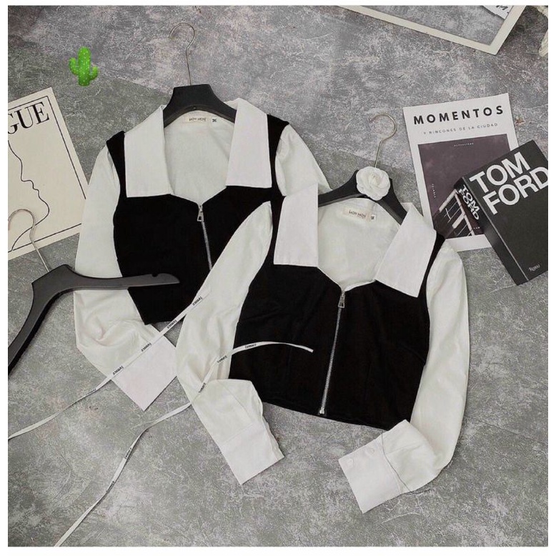Áo sơ mi phối  trắng đen zip kéo siêu đẹp (B.C)