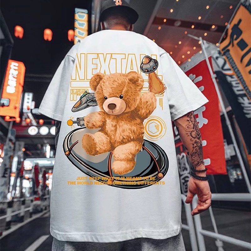 Áo Thun Dáng Rộng In Họa Tiết Gấu Hoạt Hình Phong Cách Hip Hop Thời Trang Mùa Hè Cho Nam Giới Size M-8XL