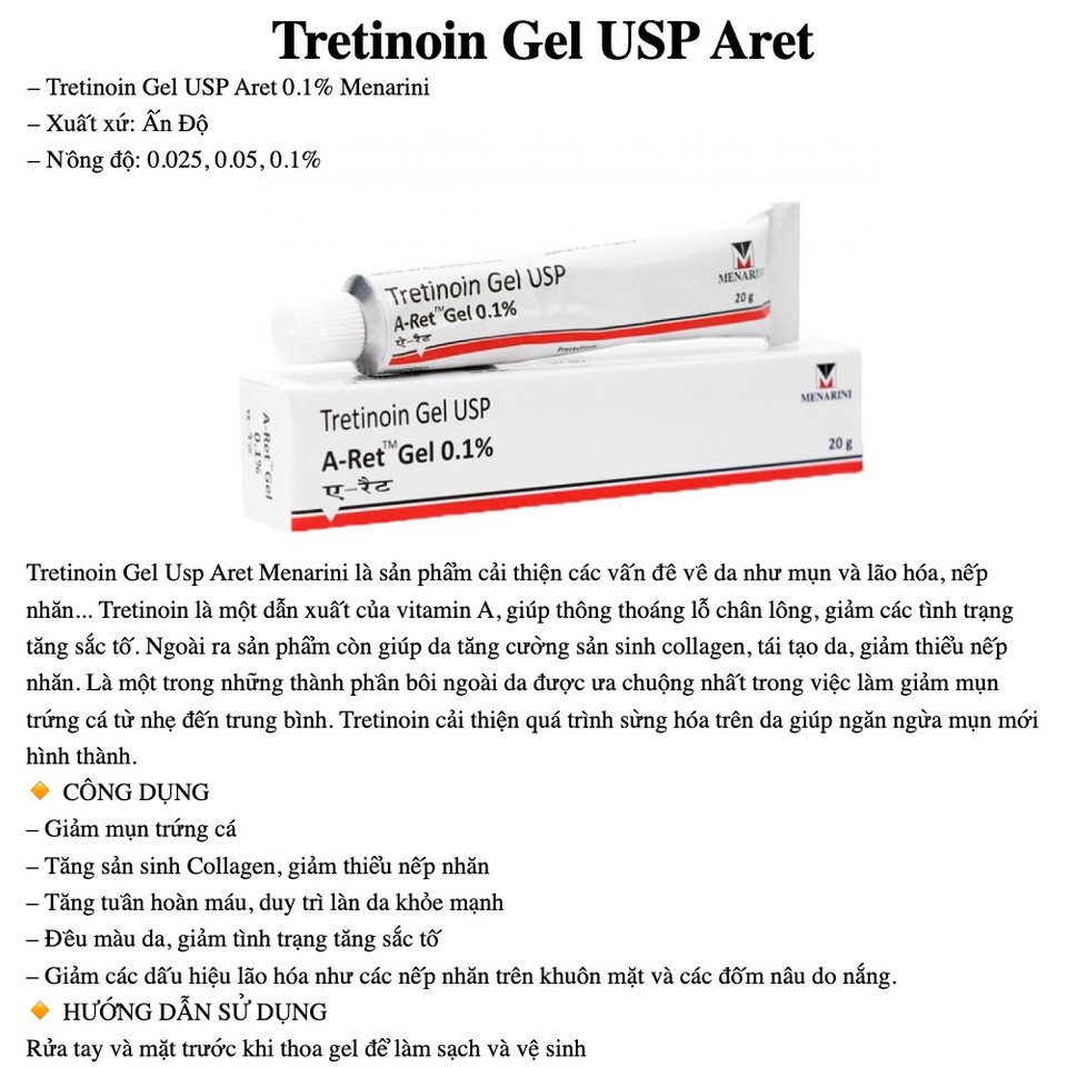 Tretinoin Aret 0.1 / 0.05 / 0.025 - Gel Ngăn Ngừa Lão Hóa, Giảm Mụn 20g - Tre Aret Ấn Độ