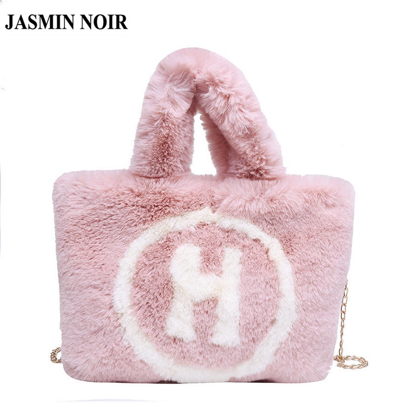 Túi xách tay JASMIN NOIR làm từ nhung và lông thú giả phối dây xích thời trang mùa đông dành cho nữ