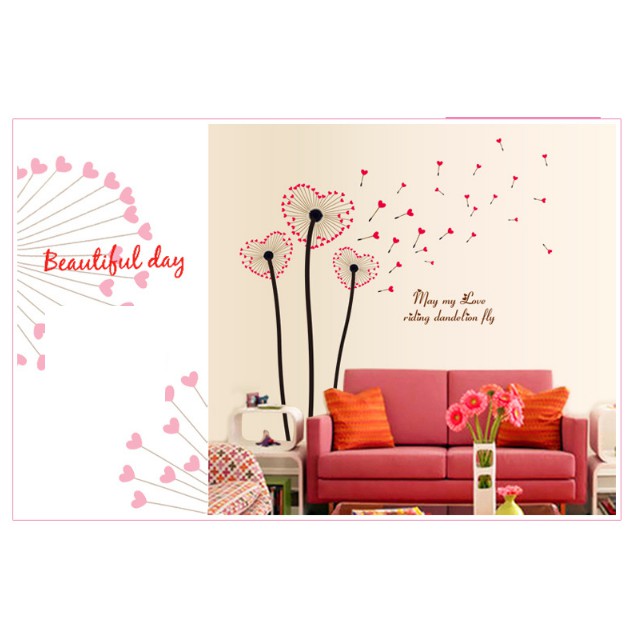 Decal trang trí tường - Hoa Bồ Công Anh Trái Tim Đỏ