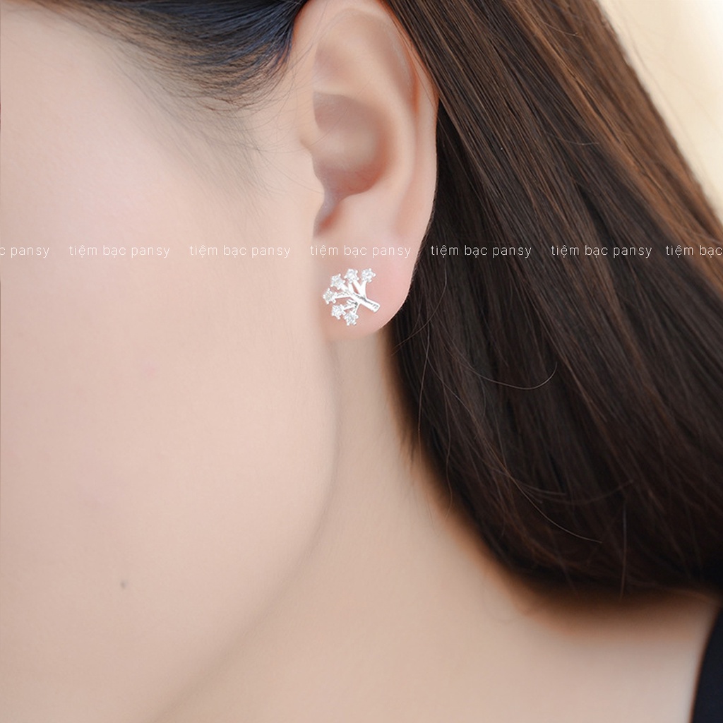 Bông tai bạc nữ PANSY hình nhánh cây đính đá, hoa tai bạc 925 The Tree phong cách Hàn Quốc