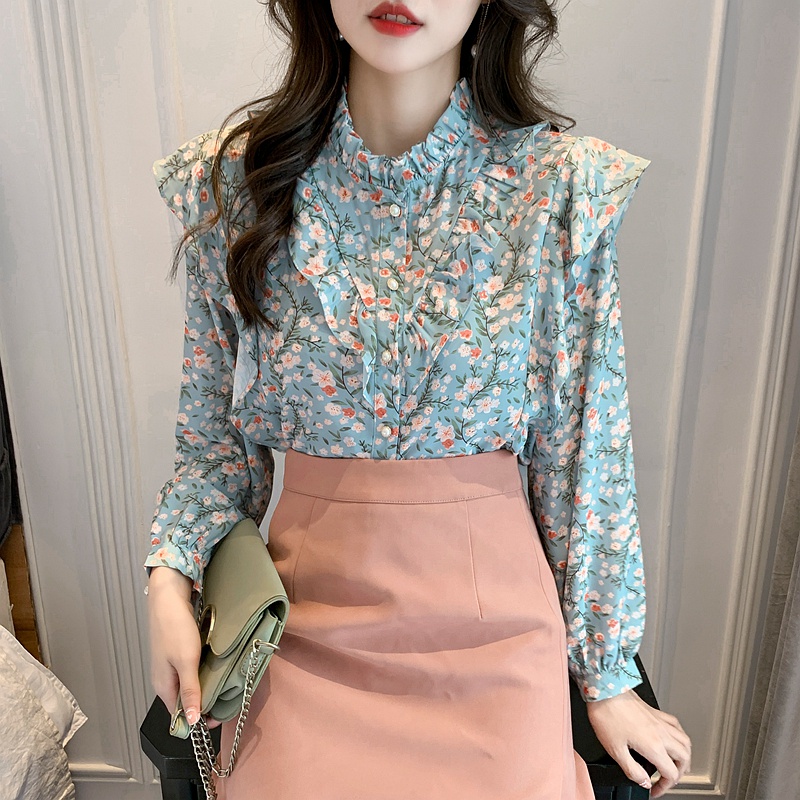 Áo Sơ Mi Chiffon Tay Dài Cổ Đứng In Hoa Kiểu Vintage Thời Trang Mùa Thu Cho Nữ