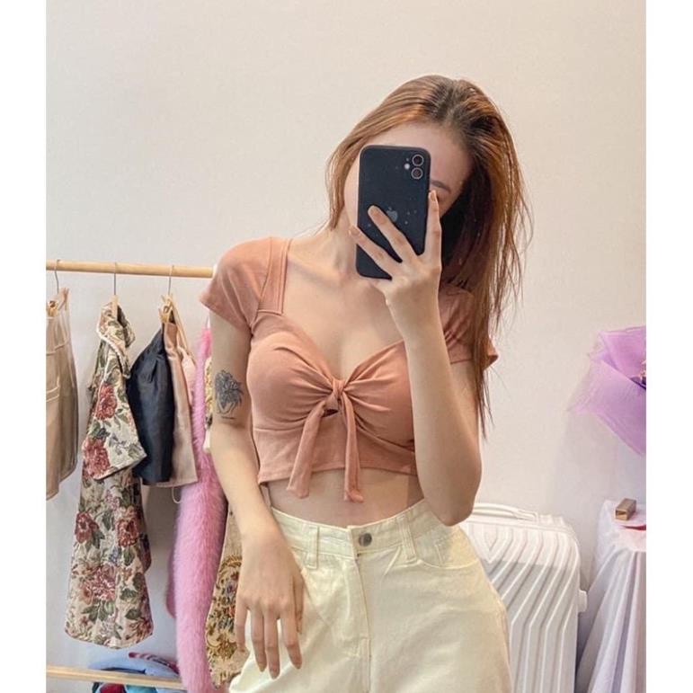 🌱ÁO CROPTOP THẮT NƠ NGỰC TAY NGẮN, CÓ MÚT VẢI BORIP CAO CẤP 🌱