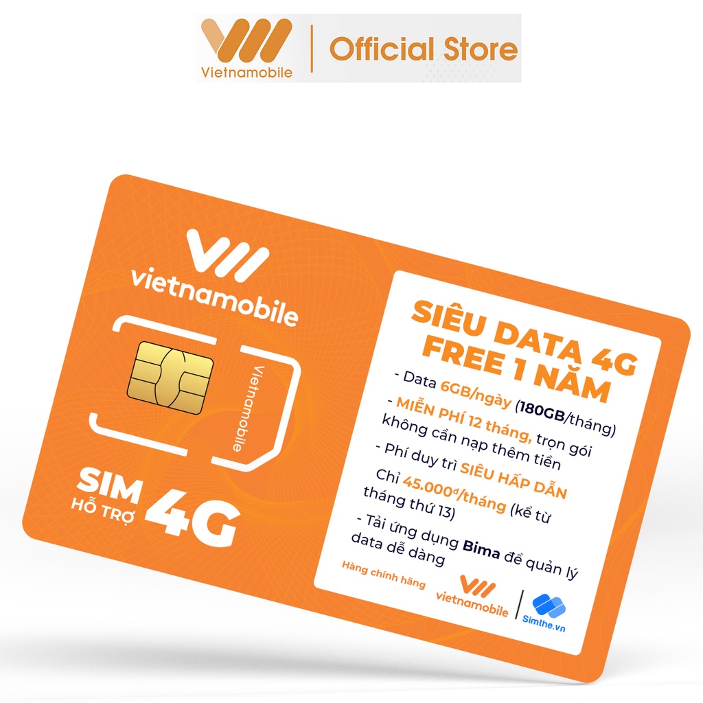 [FREE 1 Năm] Sim Max Data 4G 6GB/Ngày, 180GB/Tháng. Hàng Độc Quyền - Chính Hãng VIETNAMOBILE