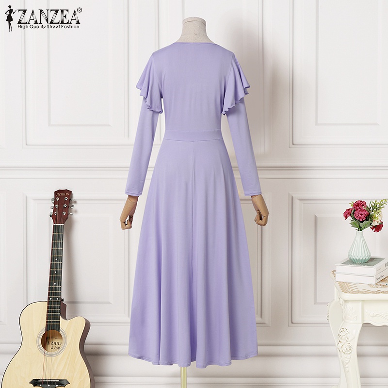 Đầm Zanzea tay dài cổ chữ V eo cao thời trang xinh xắn cho nữ