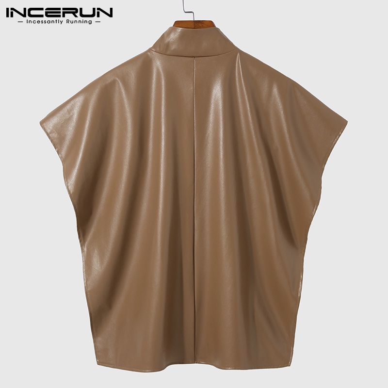 Áo INCERUN bằng da tay áo cánh dơi màu trơn kiểu dáng rộng rãi có dây khoá kéo thời trang cho nam