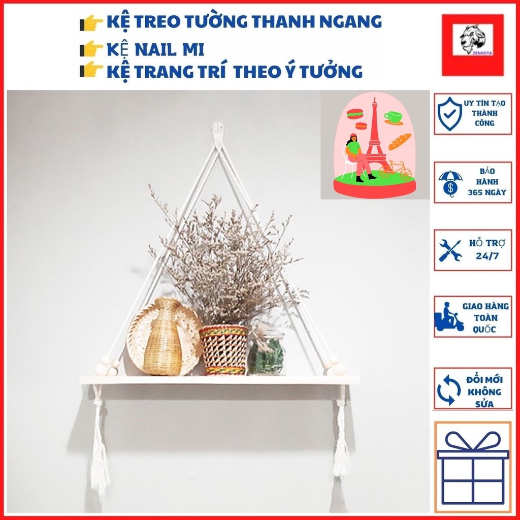 Kệ gỗ treo tường, kệ treo tường băng dây thừng, thanh ngàng trang trí decor không cần khoan tường ZENKOTA  giá tại xưởng