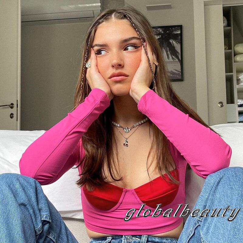 Áo croptop tay dài phối màu thời trang cho nữ