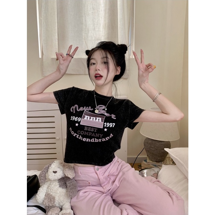 Áo Thun Dáng Ôm In Họa Tiết Kiểu retro Mỹ Xinh Xắn Cho Nữ