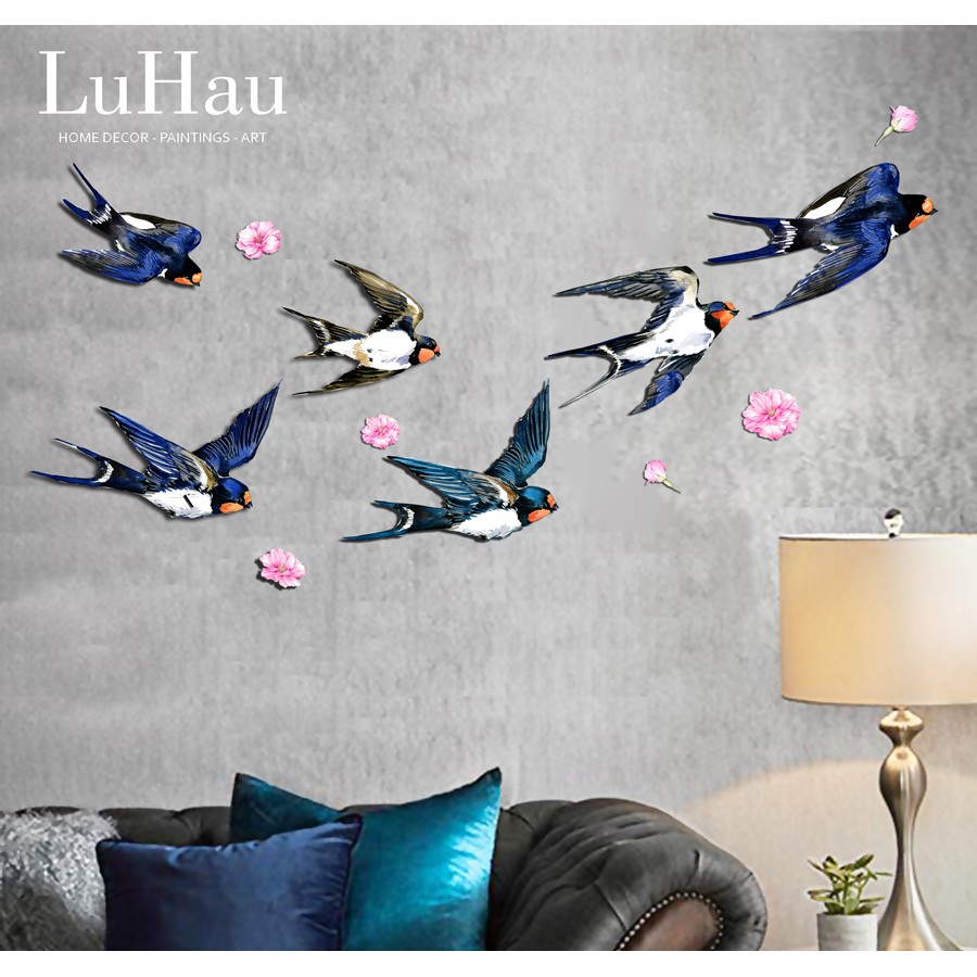 Tranh gỗ decor tạo hình 3D Én Xuân, tranh dán tường phòng khách phong thủy tốt, gắn sẵn băng dính nano chỉ bóc và dán