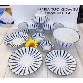 Bộ bát đĩa sứ 12 món Bát Tràng họa tiết sọc