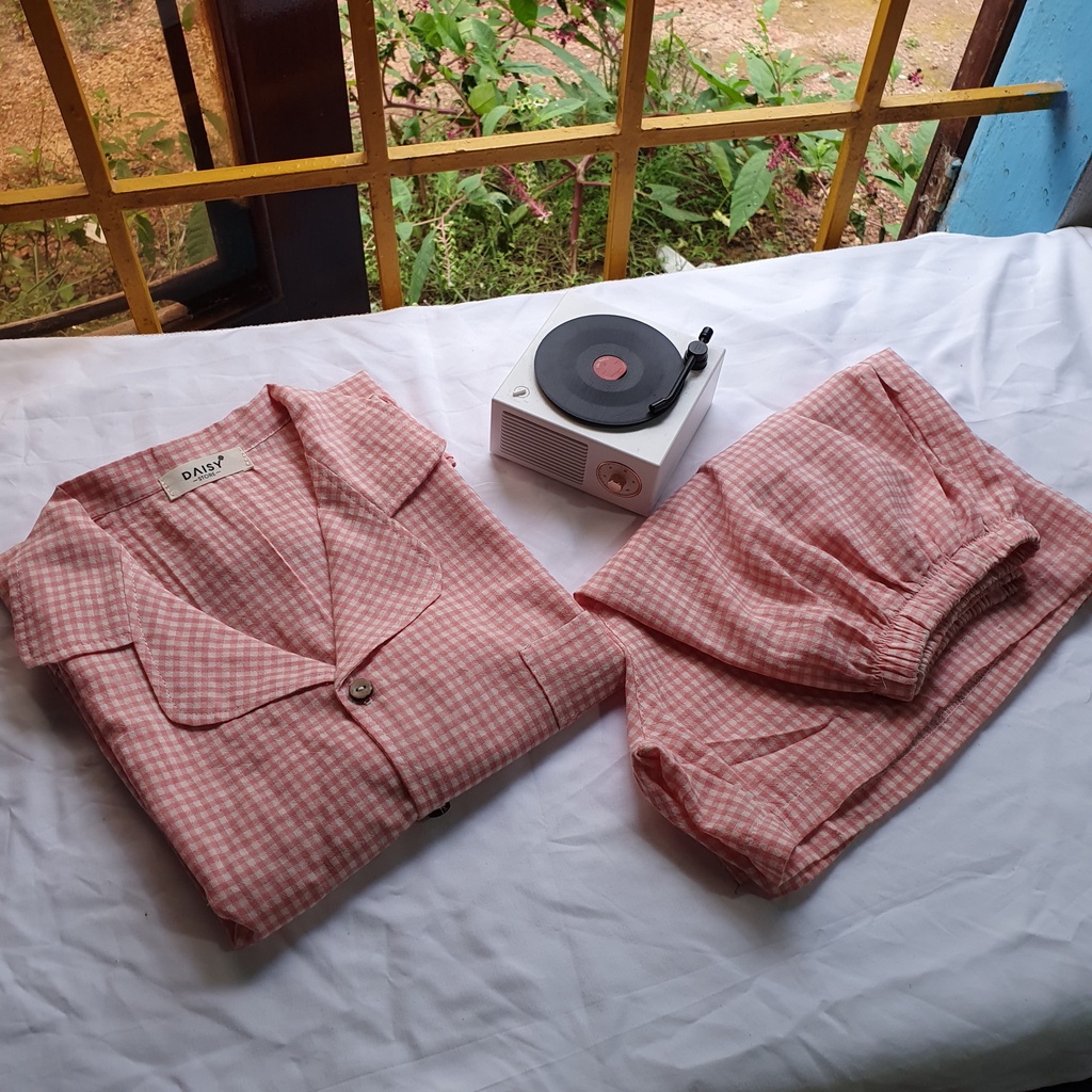 Pyjama mặc nhà xô cotton mềm mịn họa tiết caro nhí