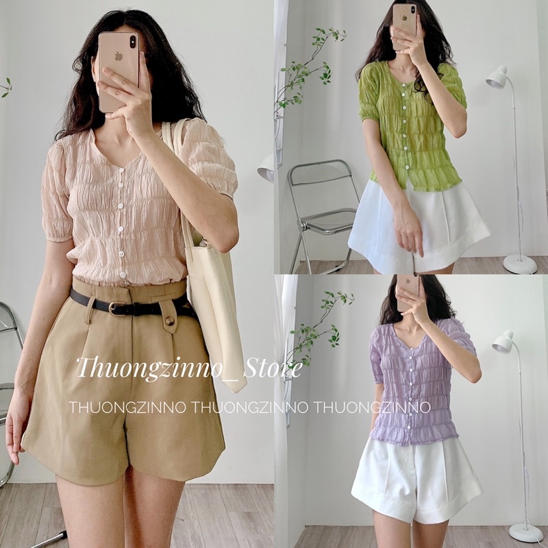 [Ảnh thật/Video]Áo sơ mi China Nhún Lụa cúc ngực tiểu thư nhẹ nhàng Áo sơ mi cổ V chất lụa nhăn