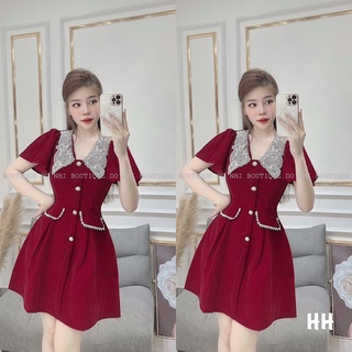 Váy nhung cổ sen 2 màu đen đỏ
