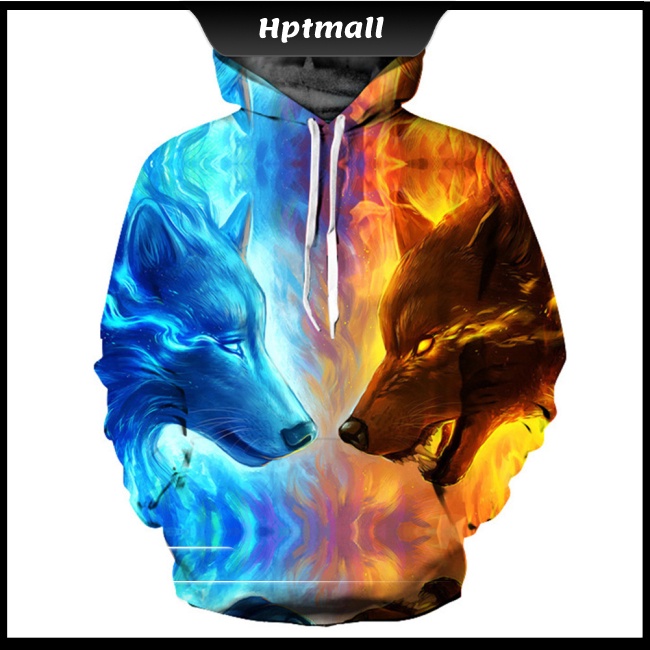 Áo hoodie tay dài in hình 2 chú sói 3D cho nam & nữ