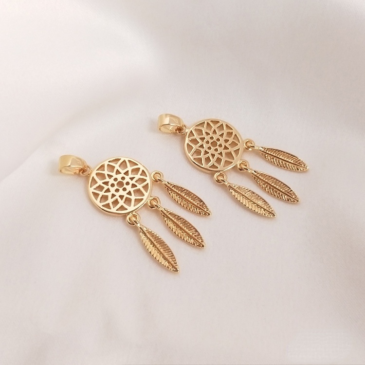 [little Blu] Mặt Dây Chuyền Hình Bông Hoa Lông Vũ Phối Tua Rua Bằng Đồng 14K Màu Vàng Đồng Cao Cấp Làm Mặt Dây Chuyền Phong Cách Mori