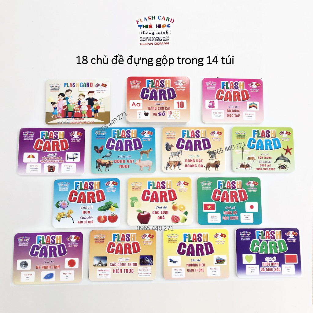 Bộ Thẻ Học Thông Minh 18 Chủ Đề loại to song ngữ tiếng Anh loại chuẩn Glenn Doman Flashcard cho bé từ 0-6 tuổi nhận biết