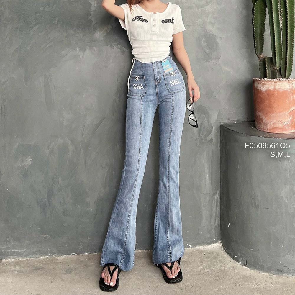 Quần jean dài ống loe đắp túi trước chữ lưng cao tôn dáng!