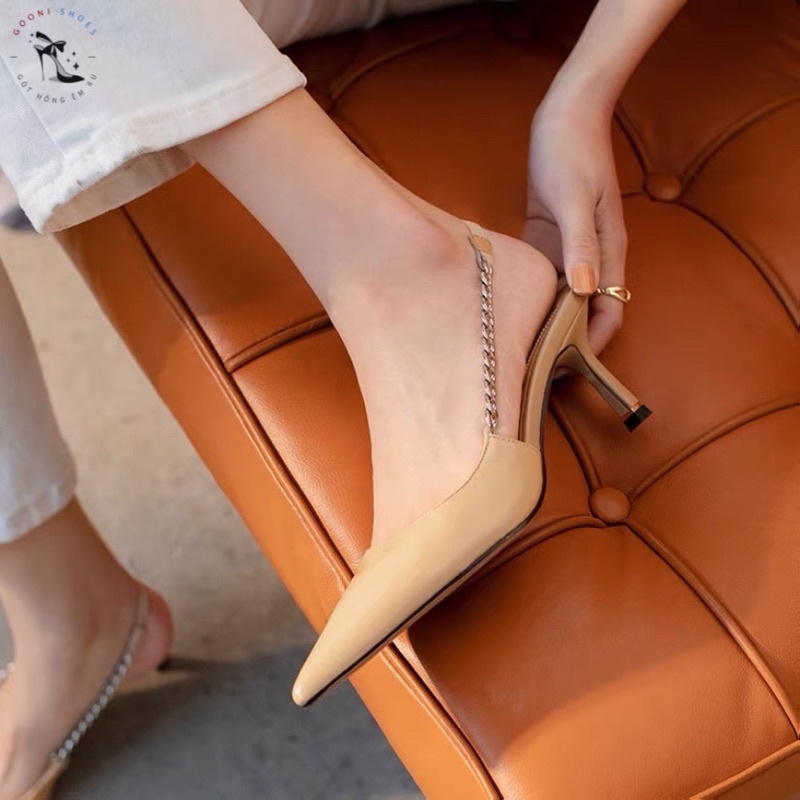 Giày cao gót, giày slingback mũi nhọn quai xích cho nữ hot trend 2022