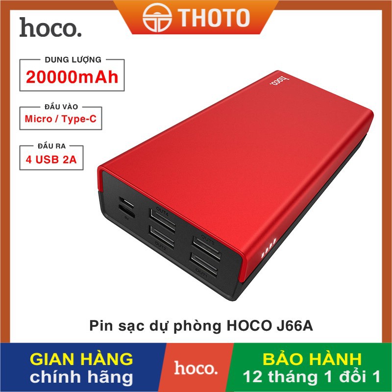 Pin sạc dự phòng di động HOCO J66A dung lượng cao 20000mAh đầu ra USB 2A, đèn báo LED  - Hàng chính hãng