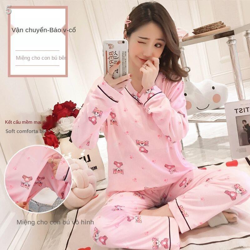 Bộ đồ ngủ cho bà bầu mùa xuân và thu mặc nhà con bú sau sinh