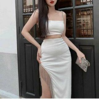Sét chân váy xéo tà đính tua rua sexy