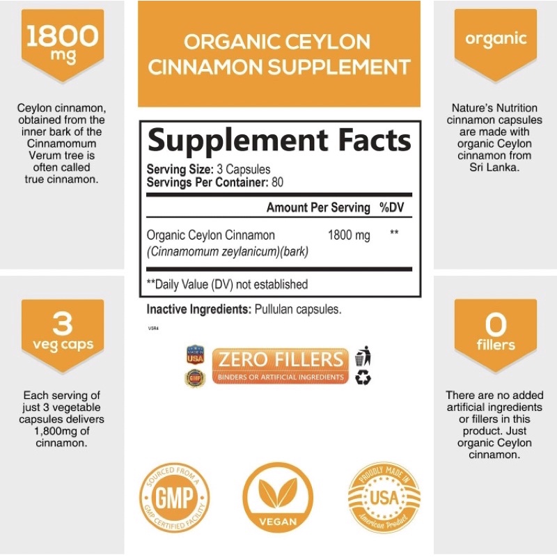 Viên tiểu đường thuần chay hữu cơ Nature's nutrition Ceylon Cinnamon 1800mg 120viên USA