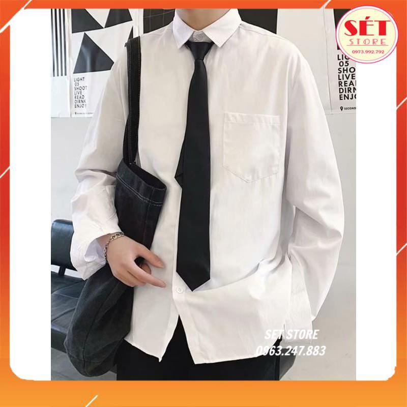 áo sơ mi Nam dài tay,sơ mi dáng rộng tay dài màu trắng trơn tặng kèm càvat