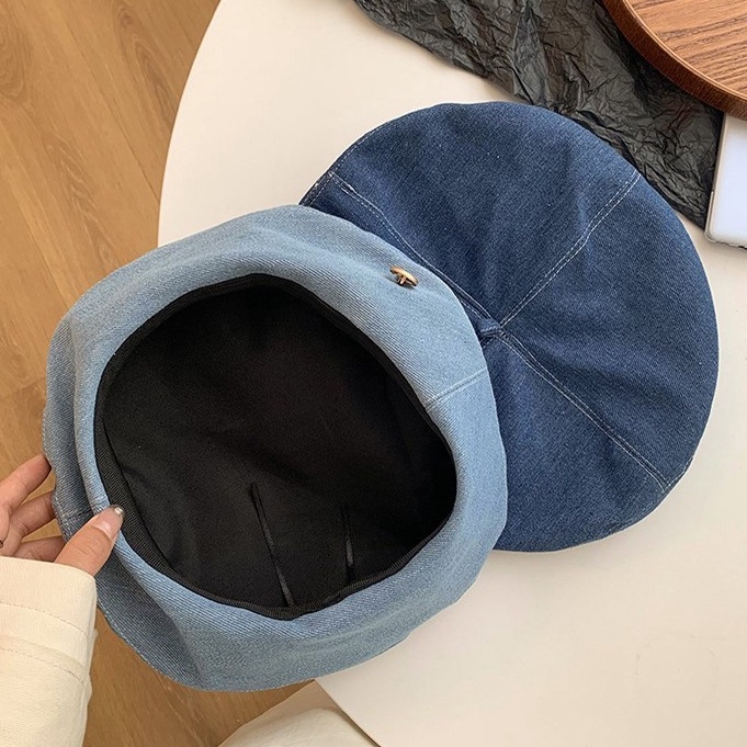 Mũ Nồi jean Nữ Họa Tiết Cúc Khuy Phong Cách Retro, Nón Beret Vải Bò Thời Trang Hàn Quốc