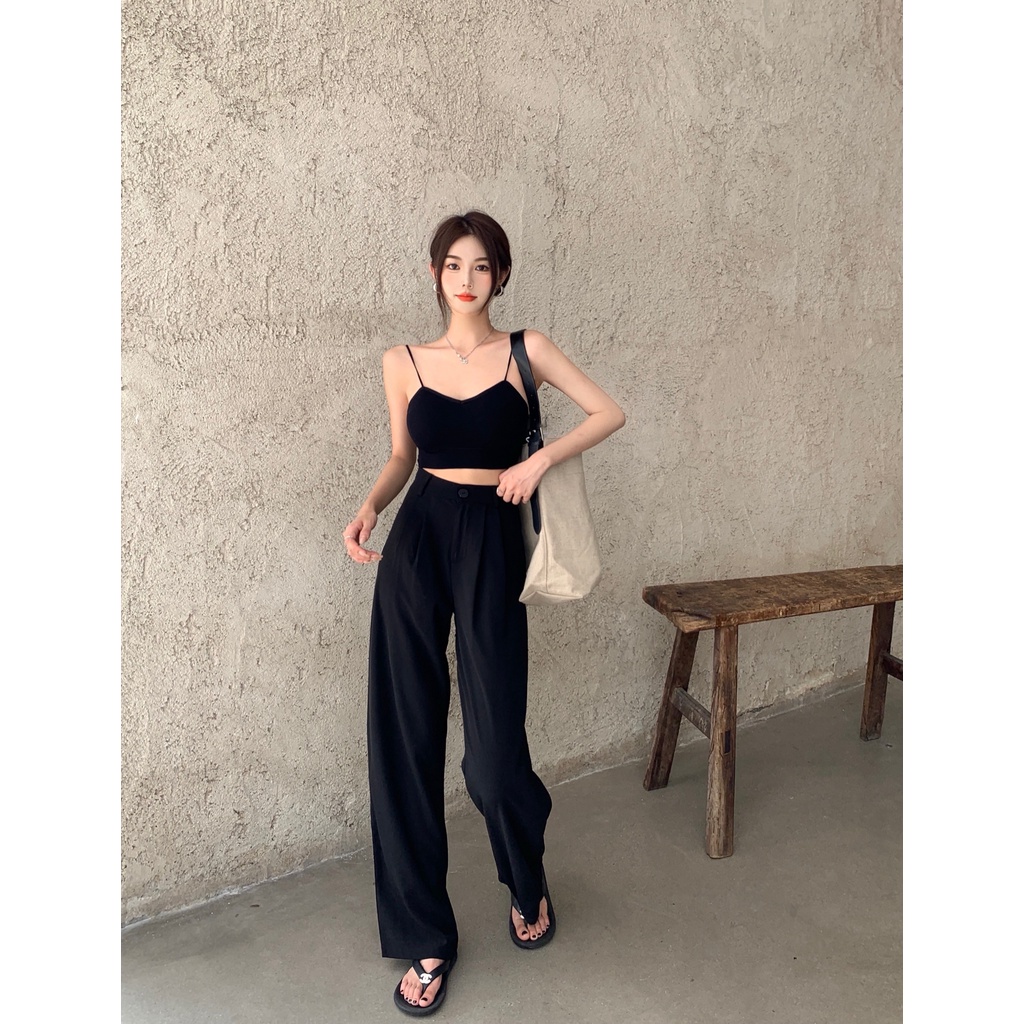 SUXI Quần Dài Lưng Cao Ống Rộng Màu Sắc Đơn Giản Phong Cách Hàn Quốc Cho Nữ