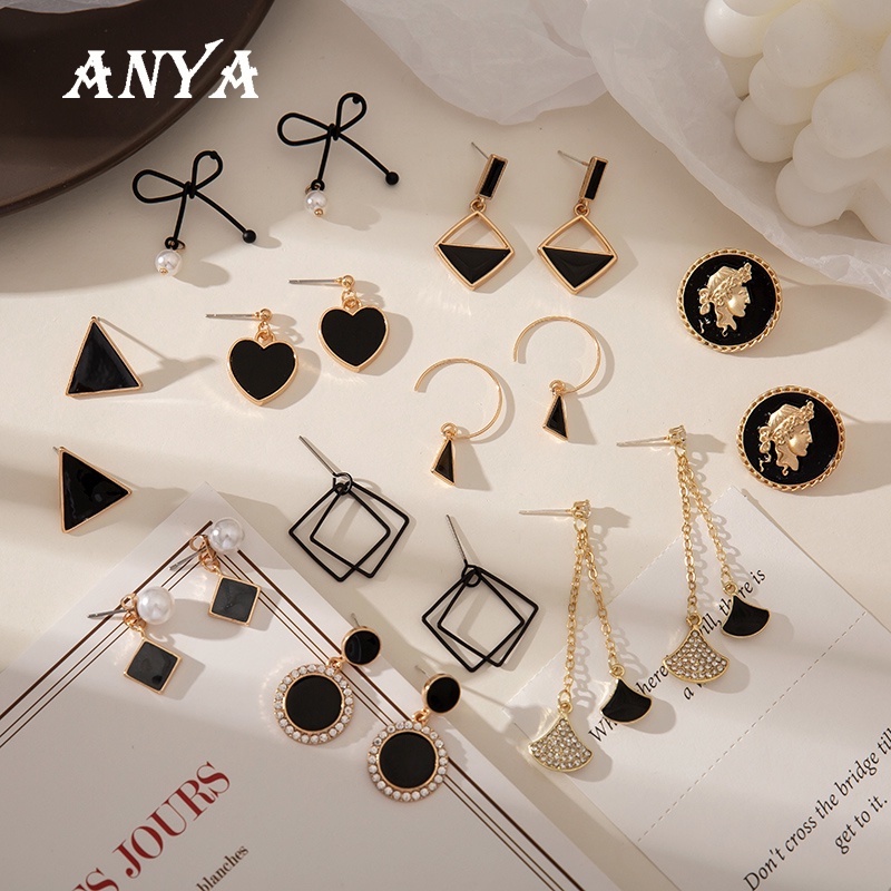 Khuyên Tai Kim Loại Đính Hạt Ngọc Trai Đen Phong Cách Hàn Quốc