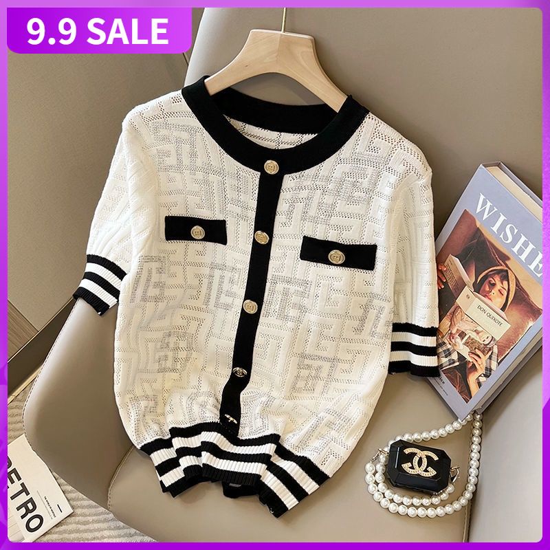 2022 new summer style color small fragrant wind ice silk thin sweater women's all-inclusive thin hollow short-sleeved blouse