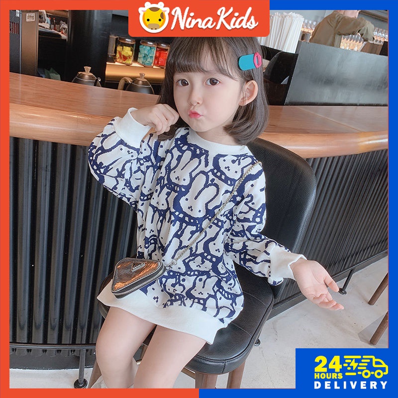 Áo thun tay dài in hình thỏ cho bé gái 1-8 tuổi