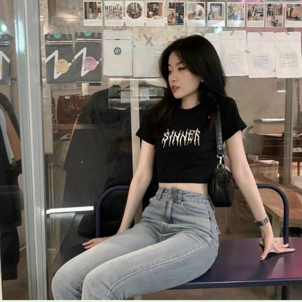 Áo croptop SINNER  Swag Girl ACON 208 cá tính, áo thun kiểu nữ crop ngầu cool, form ôm ngắn, in hình độc lạ trắng đen