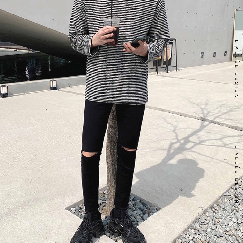 Quần jeans Nam đen rách 2 gối Lallee.Design quần bò dáng Skinny fit ôm vừa vặn chất vải Demin co giãn tốt QJ107