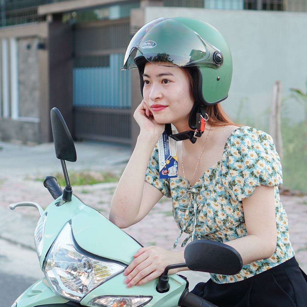 Mũ Bảo Hiểm 3/4 đầu GRO Helmet T818 có kính ngắn che nửa mặt, kiểu dáng thời trang cho nữ, khóa kim loại - Xanh Ngọc