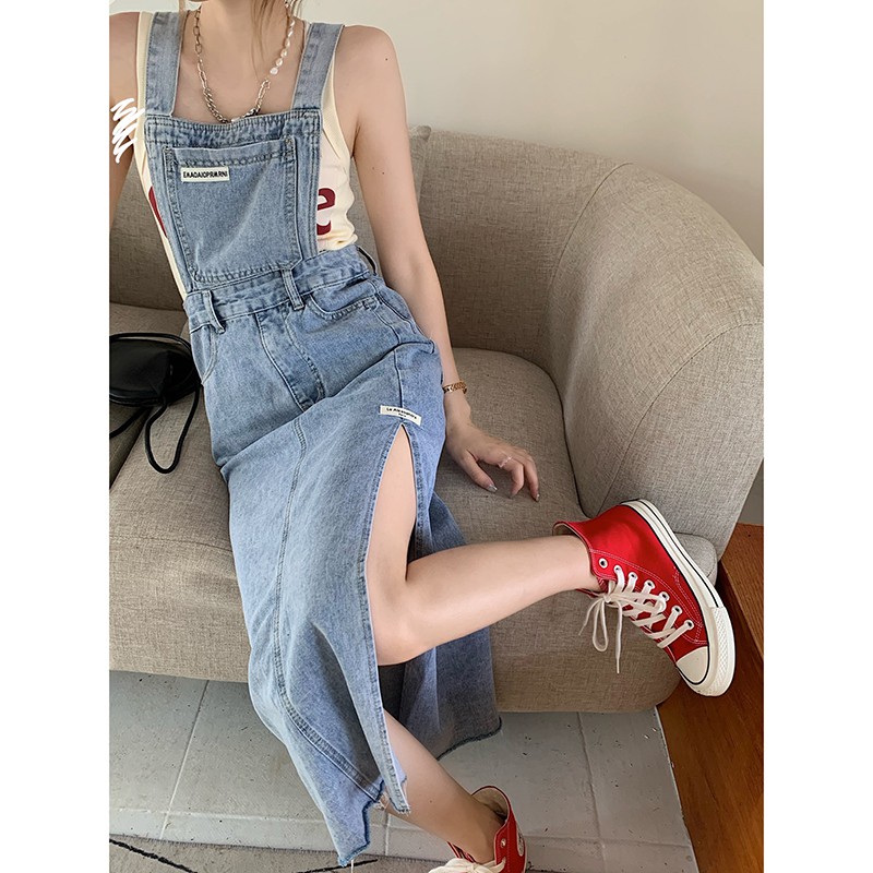 Váy yếm 2 dây denim thiết kế retro váy dài xẻ tà nữ hè 2022 phong cách Pháp