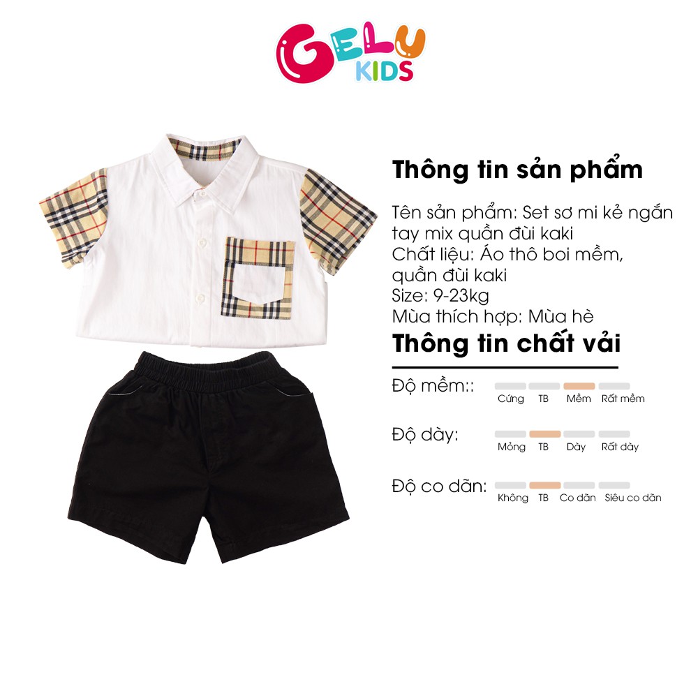 Quần áo bé trai, Set sơ mi kẻ ngắn tay mix quần đùi kaki GELU phong cách Hàn Quốc - GLQA05