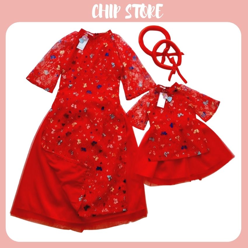 Áo dài mẹ bé cách tân CHIP STORE Thân áo ren đỏ cao cấp phối chân váy xòe bồng bềnh như công chúa