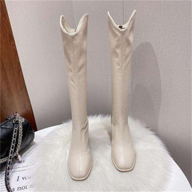 Knight boots for children2021New Internet Celebrity Soft Leather White Autumn and Winter below the Knee plus Velvet High Boots