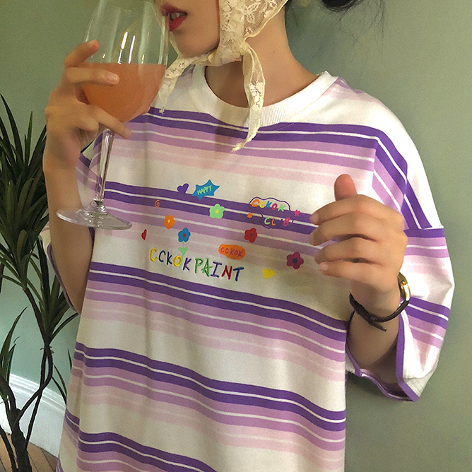 Áo Thun Nữ Ngắn Tay Họa Tiết Sọc Thêu Hình Thời Trang | BigBuy360 - bigbuy360.vn