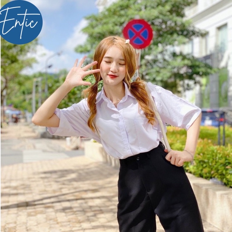 Áo Sơ Mi Nữ Học Sinh Vải Kate Tay Lỡ Túi Ngố Unisex [Kèm Ảnh Thật] Mẫu 44kg