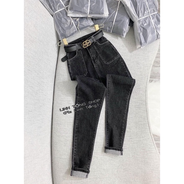 quần jean cạp cao túi ốp 2 màu đen - xanh