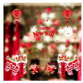 Decal dán tường chúc Tết Happy New Year lân và em bé
