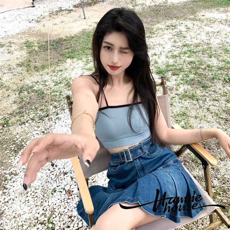 Áo hai dây dệt kim dáng chữ U màu sắc tương phản có đệm ngực thời trang cho nữ