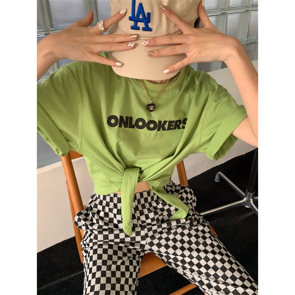 QKOOLE  Áo Thun crop top Nữ Cổ Tròn In Hình Phong Cách Hàn Quốc