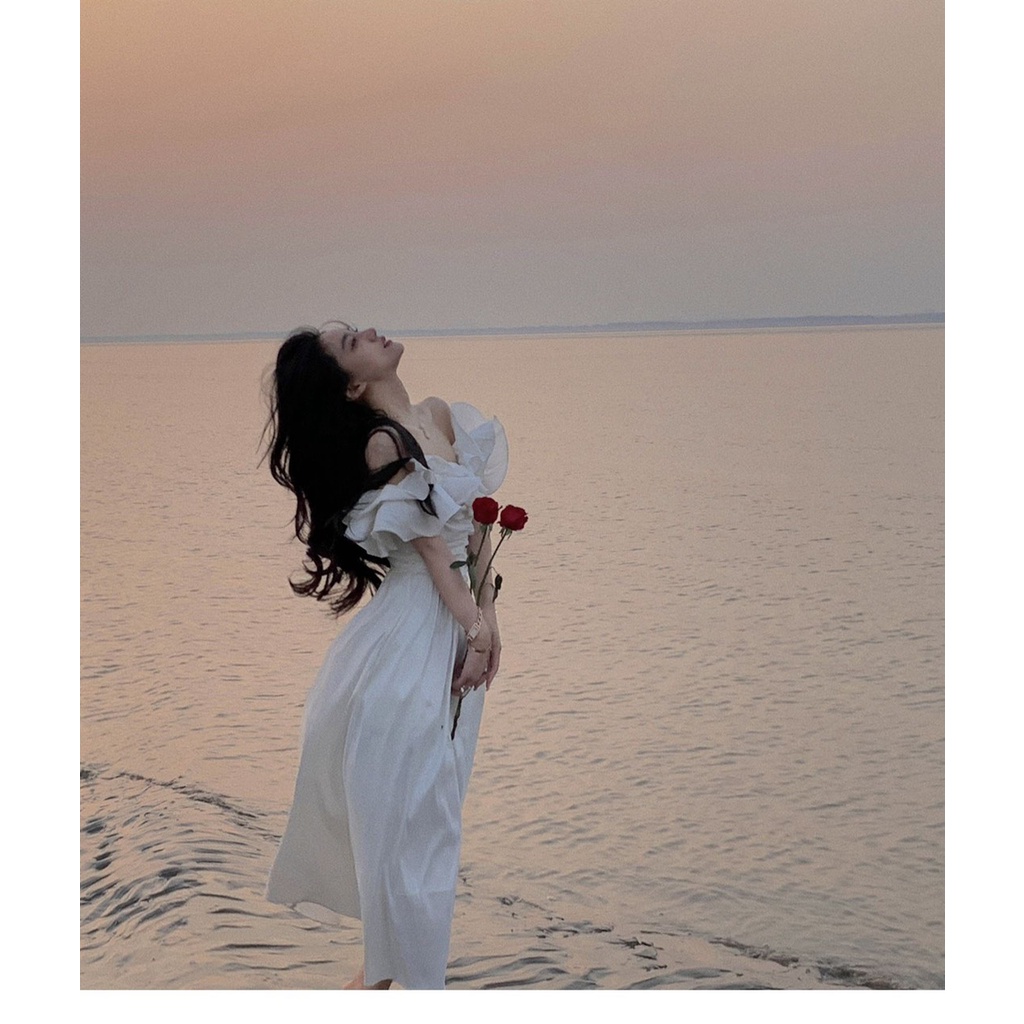 ĐẦM MIDI TRẮNG BẸT VAI NHÚN BÈO NHÍU NGỰC