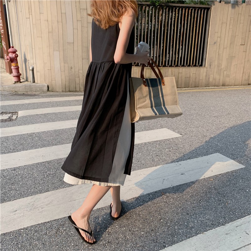 Đầm đen sát nách kiểu phối xẻ tà Hàn Quốc ulzzang